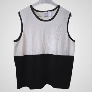 Emma James Woman Womens Knit Shell Top Sequin Floral Colorblock Cream Black Sz 2